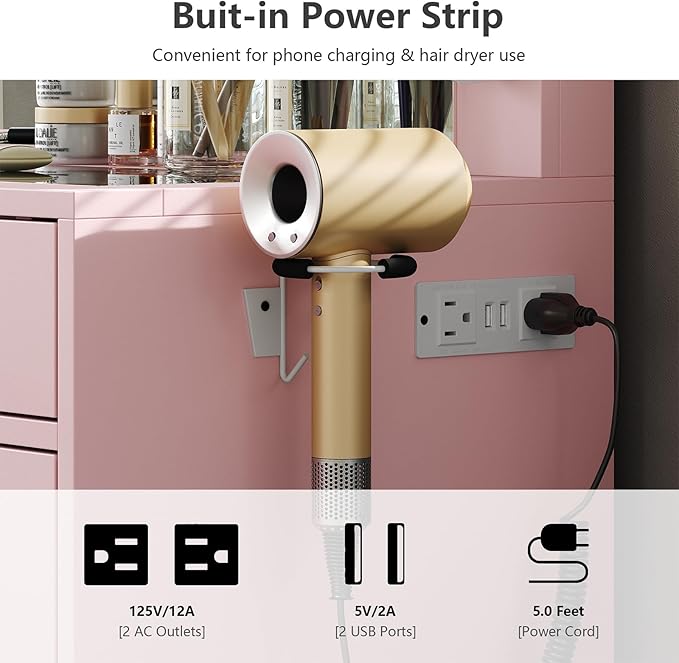 11 Drawers Vanity Desk with Power Outlet, Makeup Vanity with Mirror and 12 LED Lights, 3 Lighting Modes, Glass Top, Dressing Table for Bedroom, Pink