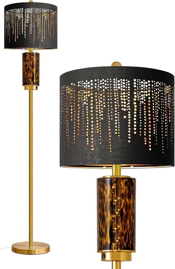 Oneach 63.75" Floor Lamp for Living Room, Modern Gold Lamp with LED Leopard Glass Night Light, Vintage Standing Lamp, Black Lampshade, Unique Luxury Tall Lamp for Bedroom Home Office(Bulb Included)