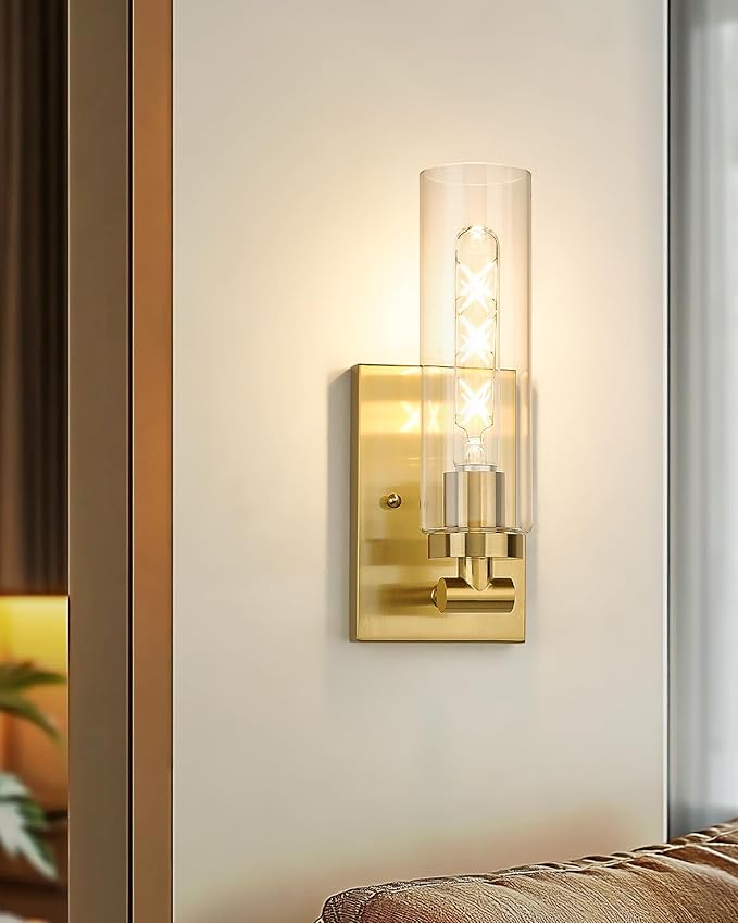 Emak Wall Sconces Set of Two, Modern Brushed Gold Sconce with Clear Glass Shade, Bathroom Lighting Fixtures for Mirror, Living Room, Bedroom, Gallery, WS086-BGD-CG-2PK
