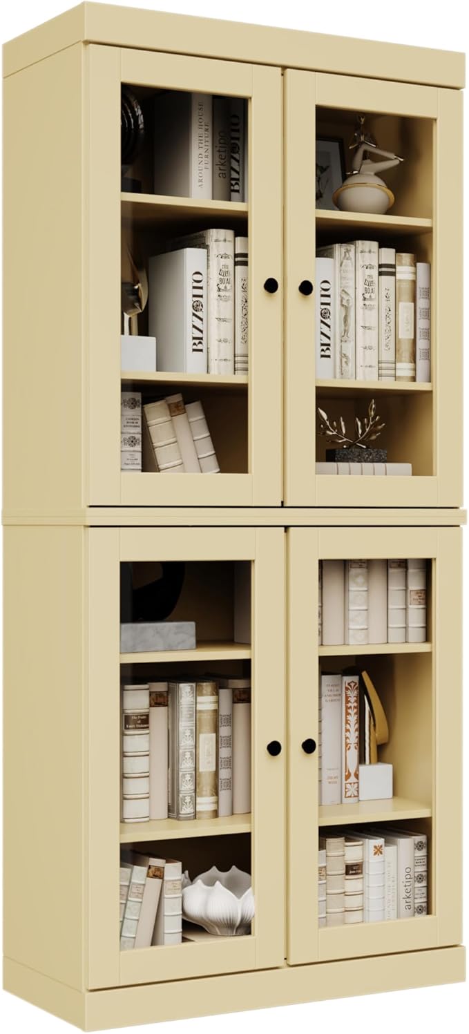 Palace Imports Solid Wood Bookcase - 6-Tier Tall Bookshelf, 71.5” H x 32” W - Yellow, Clear Glass Cabinet Doors & Adjustable Shelves for Living Room, 100% Renewable Eco-Friendly Wood, Made in Brazil