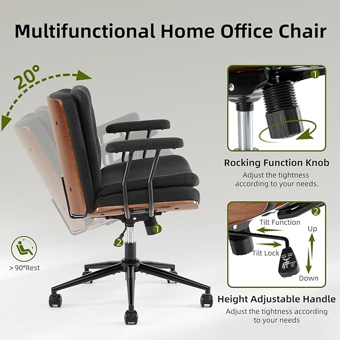 Criss Cross Chair with Armrests & Wheels, PU Leather Adjustable Swivel Walnut Task Chair with Wide Seat, Ergonomic Mid Back Computer Office Desk Chairs for Meeting Room, Home