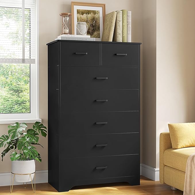 Hasuit Tall Dresser for Bedroom, Black Large Chest of Drawers, 55.6'' High Dressers with 7 Drawers, Modern Wooden Vertical Storage Clothes Closet Organizer