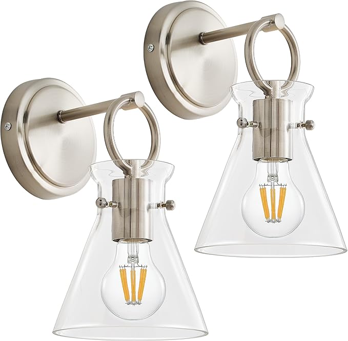 Wall Sconces 2 Pack Modern Vanity Light Fixtures for Bathroom Nickel Wall Mount Lighting Lamp Hardwired Farmhouse Wall Lights with 6 Inch Clear Glass Shade for Bedroom Living Room Mirror
