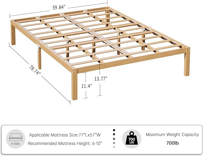 14 Inch Bamboo Bed Frame – Queen Size Solid Wood Platform Bed Frame, Strong and Stable, with Non-Slip Slats for Support, No Box Spring Needed, Easy to Assemble, Noise-Free (Natural, Queen)