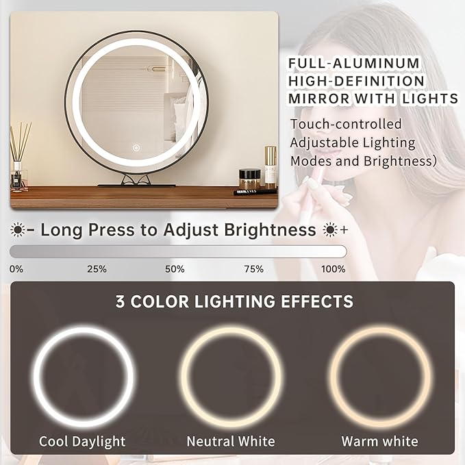 Makeup Vanity Desk with Full Aluminum HD Lighted Mirror, 50-90in Extendable Modern Vanity Table Set with Chair, 6-Drawer Storage Cabinet with Rounded Corners, Bedroom Dressing Table, Brown