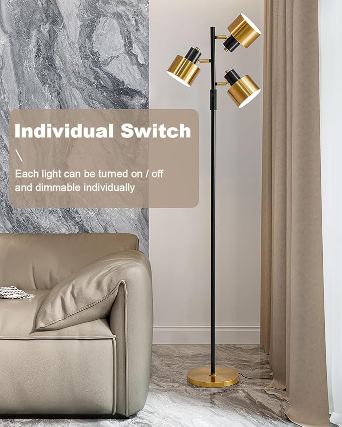 OYEARS Floor Lamp for Living Room Bright Lighting Tall Modern Industrial Vintage Standing Corner Lamps LED Metal Light Office Bedroom Study Gold Black Cream Matte Accent (3-Light, Gold)