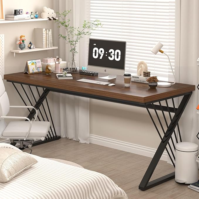 FOLUBAN Office Desk, Modern Wood and Metal Home Desk, Writing Study Work Desks for Bedroom, Industrial PC Gaming Table for Living Room, Walnut, 60 Inch