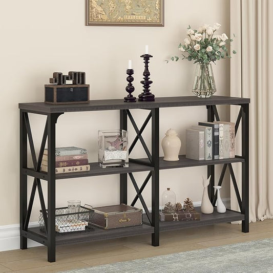 IBF Console Sofa Table, Industrial Metal Wood Entryway Table, Modern Hallway Foyer Table Behind Couch Table, 3 Tier Entry Table with Storage Shelves for Living Room Bedroom, Dark Gray Oak, 55 Inch