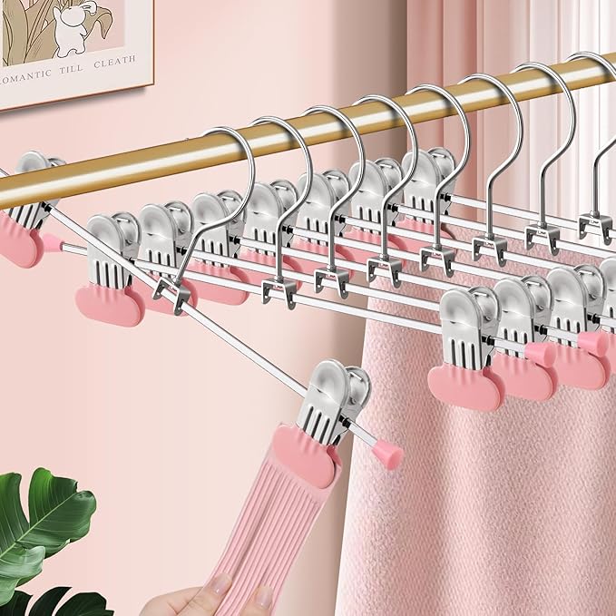 14Inch Pants Hangers with Wide Clips 50 Pack Adjustable Skirt Hangers for Women Non-Slip Clothes Hanger for Pants Heavy Duty Space Saving Trousers Hanger for Jeans,Shorts Pink