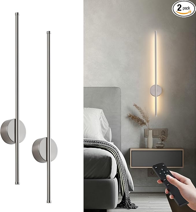 Battery Operated Modern Wall Sconces, Dimmable Wireless Wall Light Set of Two with Remote Control, 3 Color Temperatures, Rechargeable LED Wall Sconce for Bedroom, Living Room,Hallway, 27.6 Inch Nickel