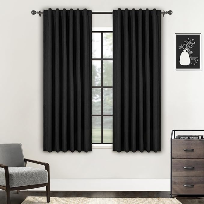 63 Inch Length Curtains for Living Room 2 Panel Set, 100% Blackout Linen Back Tab Pleated Insulated Thermal Room Darkening Curtains for Bedroom Black Out 63 Inches Long, Black