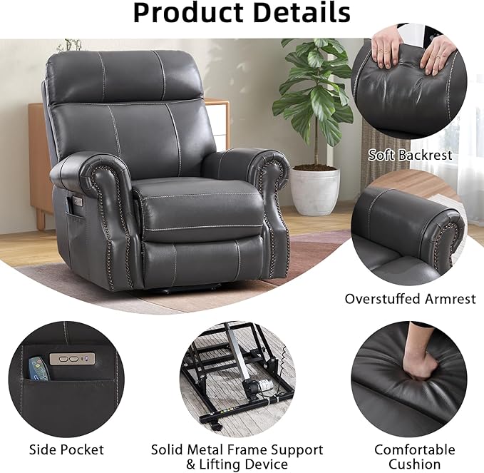 Phoenix Home Genuine Leather Power Lift Recliner Chair for Elderly with Massage and Heating, Electric Recliner for Seniors with Extended Footrest, Type-C and USB Port, Side Pocket, Grey