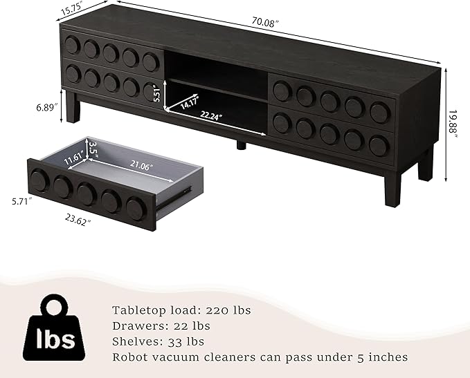 70" Modern TV Stand, Entertainment Center for Tvs up to 75", Unique Circular Design, TV Media Console with 4 Drawer & Open Storage for Living Room (Black)