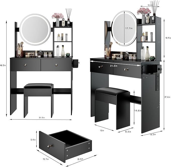 31.5" Small Vanity Desk with Round Mirror and Lights, Makeup Table with 2 AC+2 USB Power Station, Hair Dryer Bracket, Vanity Set with Drawers and Stool for Small Space Bedroom, Black