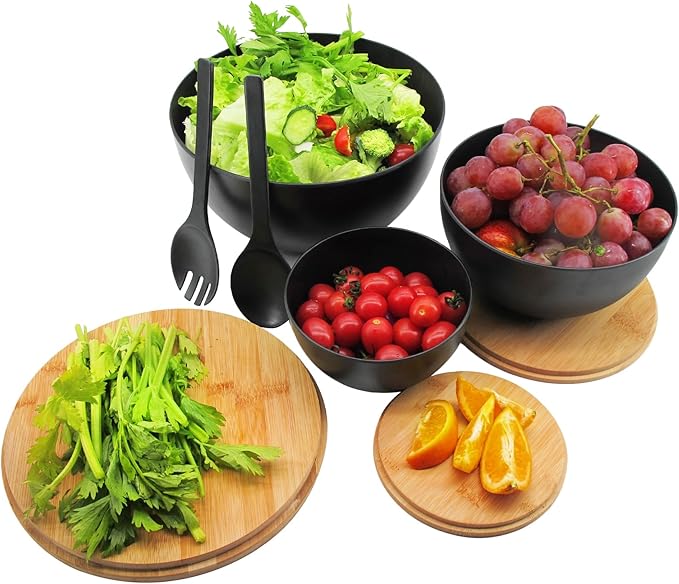 Salad Bowls Set of 3 with Lid & Serving Utensils, Bamboo Fiber Mixing Bowls Set Large Serving Bowls & Storage Set with Bamboo Lid for Salad, Kitchen Eating, Pasta, Popcorn, Chips, Fruit, Black