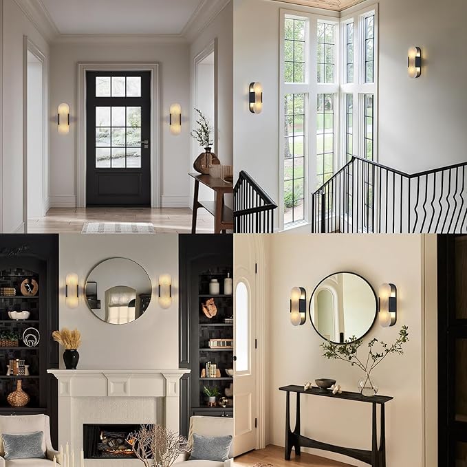 13.8 in Matte Black Alabaster Wall Sconces, Natural Marble Wall Sconces Indoor Alabaster Sconces for Living Room Modern Alabaster Sconces Wall Lighting for Dining Room Stairs Bedroom Bath