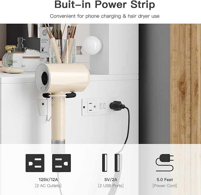 Vanity Desk & Power Outle, Makeup Vanity with Mirror and 12 LED Lights, 9 Drawers Makeup Table with Fold-up Panel, Vanity Set 3 Lighting Modes Brightness Adjustable (White)