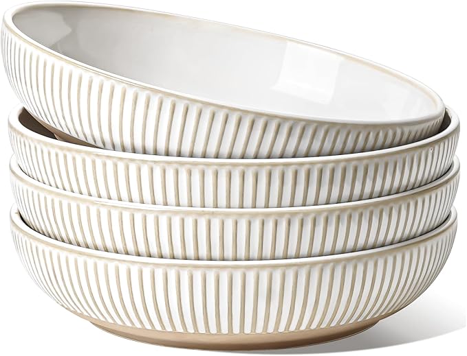 LE TAUCI Pasta Bowls 46oz, Large Salad Bowl, Ceramic Embossment Stoneware Serving Plate Bowl for Fruits, Noodle, Dinner, House-warming Wedding Present - 9 Inch, Set of 4, Arctic White