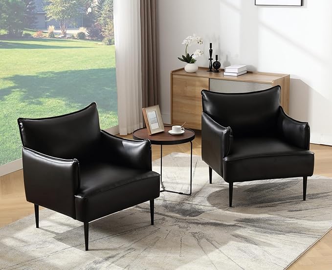 Mid Century Modern Accent Chair Armchair, Black PU Leather Living Room Chair Sofa Lounge Chair with Metal Legs Reading Chair with Armrest for Bedroom Office Apartment