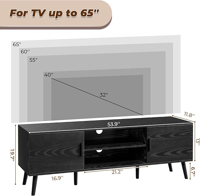 SUPERJARE TV Stand for 55 Inch TV, Entertainment Center with Adjustable Shelf, 2 Cabinets, TV Console Table, Media Console, Solid Wood Feet, Cord Holes, for Living Room, Bedroom, Black