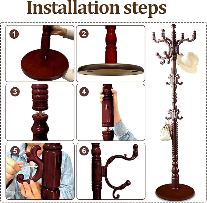 Standing Coat Rack Coat Tree Freestanding Wooden Coat Rack Modern Coat Racks Office Coat Stand for Hat Purse Corner Entryway (black red)