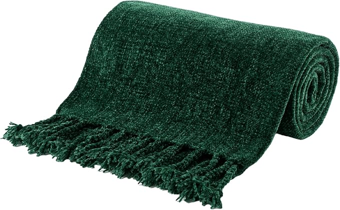 BATTILO HOME Chenille Knit Throw Blanket for Couch, Soft Cozy Dark Green Knit Throw Blanket with Fringe, Lightweight Throw Blanket for Home Decoration, 50"x60"