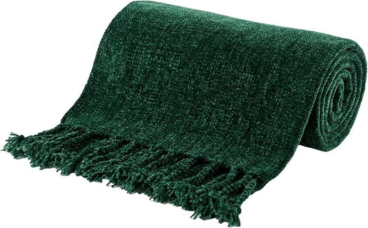 BATTILO HOME Chenille Knit Throw Blanket for Couch, Soft Cozy Dark Green Knit Throw Blanket with Fringe, Lightweight Throw Blanket for Home Decoration, 50"x60"