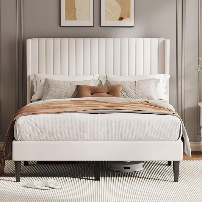 Casaottima Queen Bed Frame Upholstered Platform Bed with Wingback Headboard, Wooden Slats Support, Noise-Free Mattress Foundation, No Box Spring Needed, Easy Assembly, Vertical Stripe Cream White