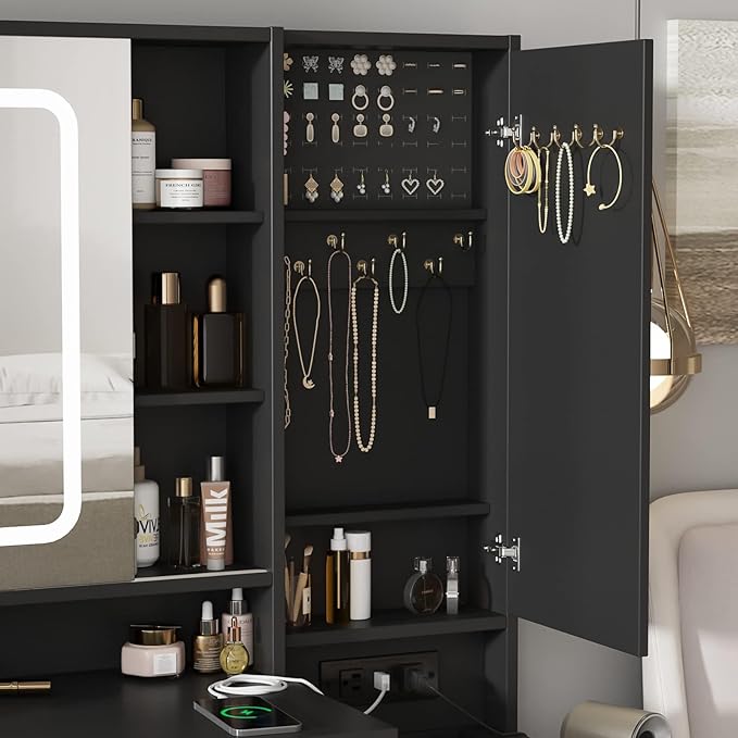 Vabches Vanity Desk with Mirror and Lights, Vanity Table Makeup Vanity with Lights 3 Drawers and Cabinets, Charging Station & Sliding Door, Lots Storage Shelves