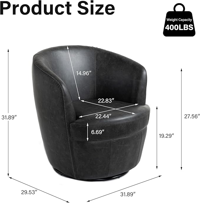Swivel Barrel Chair, Modern Round PU Leather Accent Armchair for Living Room, Bedroom, Comfy Club Reading Chairs for Adults (Leather Black Grey, Set of 1)