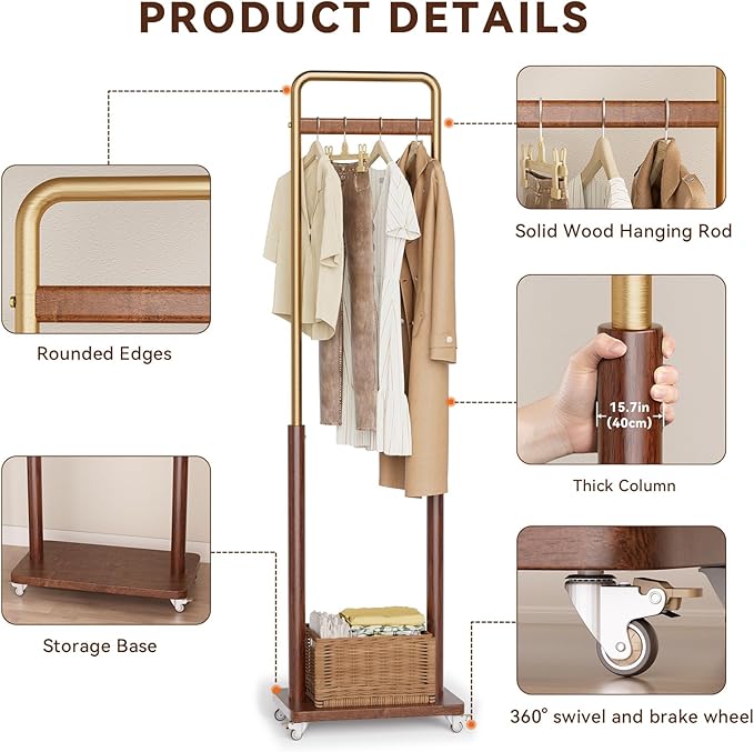 Clothes Rack Solid Wood Coat Rack, Metal and Solid Wood Combination Clothing Rack with Wheels for Entryway, Bedroom, Living Room, Coat Racks Freestanding for Hanging Clothes Garment Scarf
