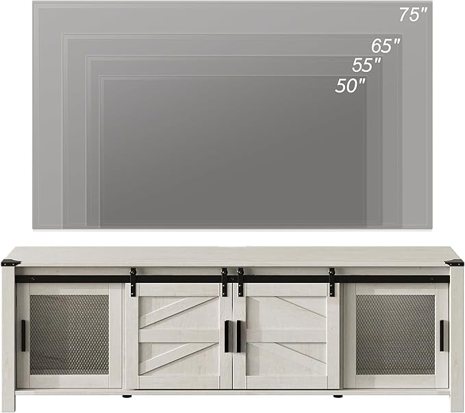 WAMPAT Farmhouse TV Stand for 75 inch TV, 70" Wood Sliding Barn Door Media TV Console Table with Storage Shelf, Entertainment Center for Living Room Bedroom，Antique White