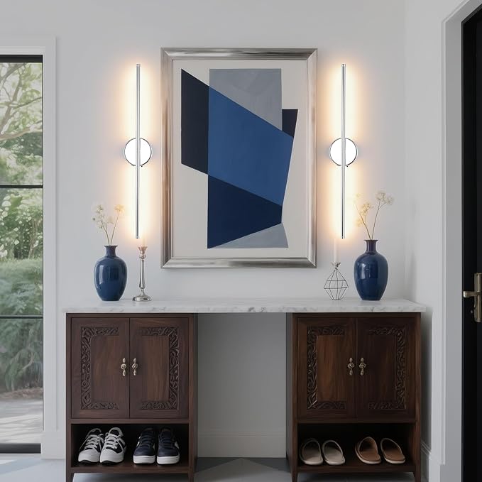 Battery Operated Wall Sconce Set of 2, Chrome 27.5" LED USB Rechargeable dimmable Wall Sconce with Remote Control, Rotate 350° for Living Room, Bedroom, Hallway and scones Lighting