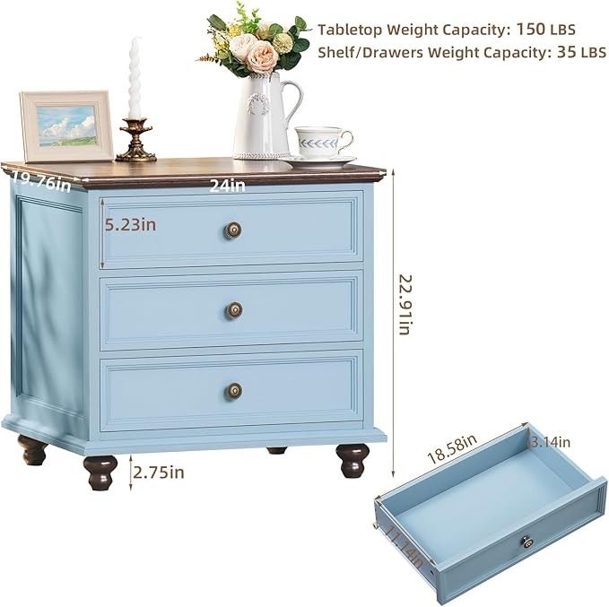 24" Wide Farmhouse Night Stand,Large End Table with 3 Drawers & Metal Handle,Wood Dresser for Bedroom, Bed Side Table Chest of Drawers Cabinet,Light Blue Nightstand for Living Room,Closet