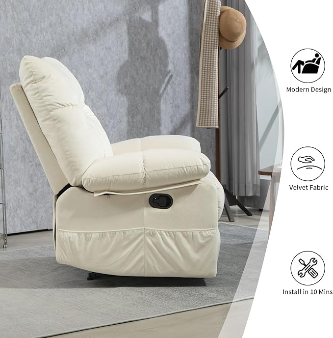 Large Boy Lazy Recliner Chair for Adults, Extra Soft and Wide Back Recliner Sofa in Velvet, Overstuffed Manual Reclining Chair for Living Room, Bedroom, Reception Room, Office, White Cream