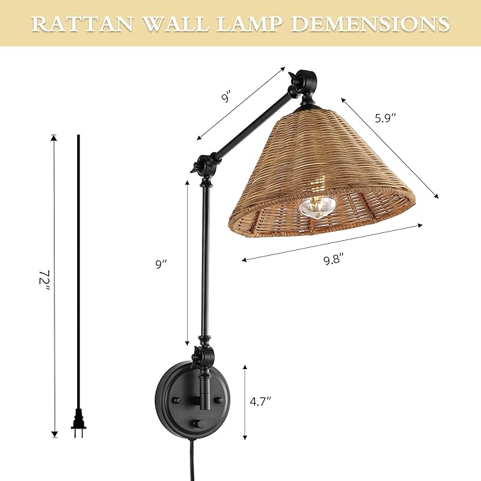 WINGBO Wall Sconce Rattan Wrapped Wall Lamp, Adjustable Swing Arm Wall Light Fixture Vintage Bedside Light Wicker Handmade Shade Reading Light Plug in or Hardwire (Black, 2 Pack)