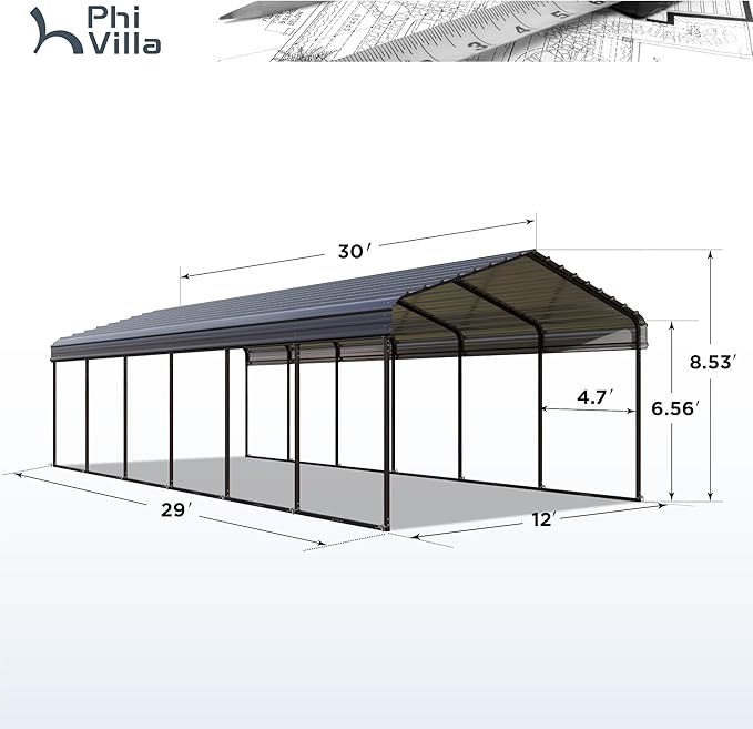 PHI VILLA 12'x30'x8.5 'Metal Carport for 2 Cars, Heavy Duty Car Ports for Heavy Snow, Reinforced Frame, Tall Metal Car Ports for Bass Boats, Full-Sized Pickup Trucks, and Tractors