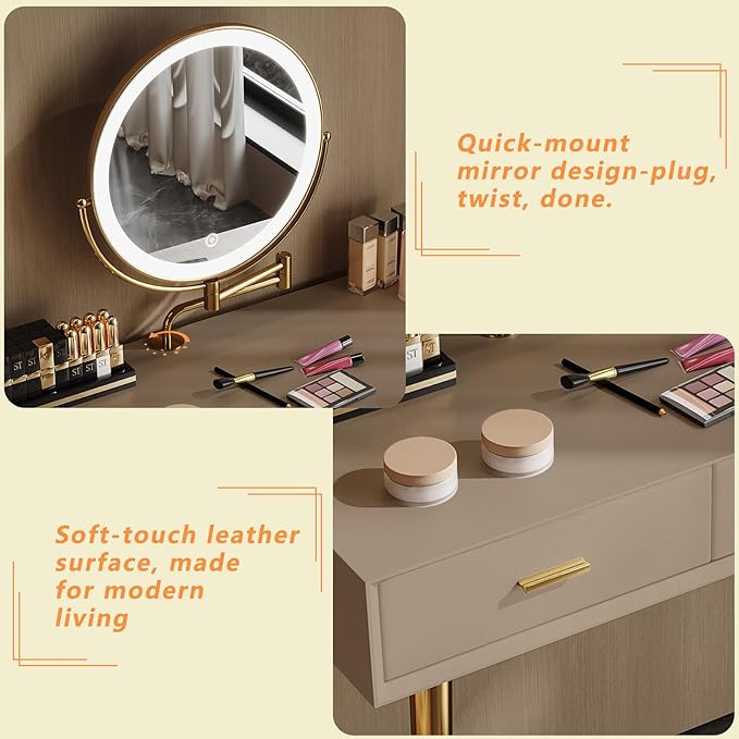 Vanity Desk with Adjustable Mirror and Lights, Makeup Desk with Drawers and Chair, Dressing Table Set with Leather Surface, Small Vanity Table for Bedroom, 3 Lighting Modes (Cappuccino)
