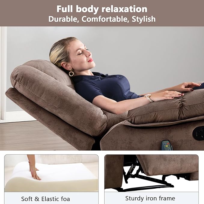 ANJHOME Overstuffed Massage Recliner Chairs with Heat and Vibration, Soft Fabric Single Manual Reclining Chair for Living Room, Camel