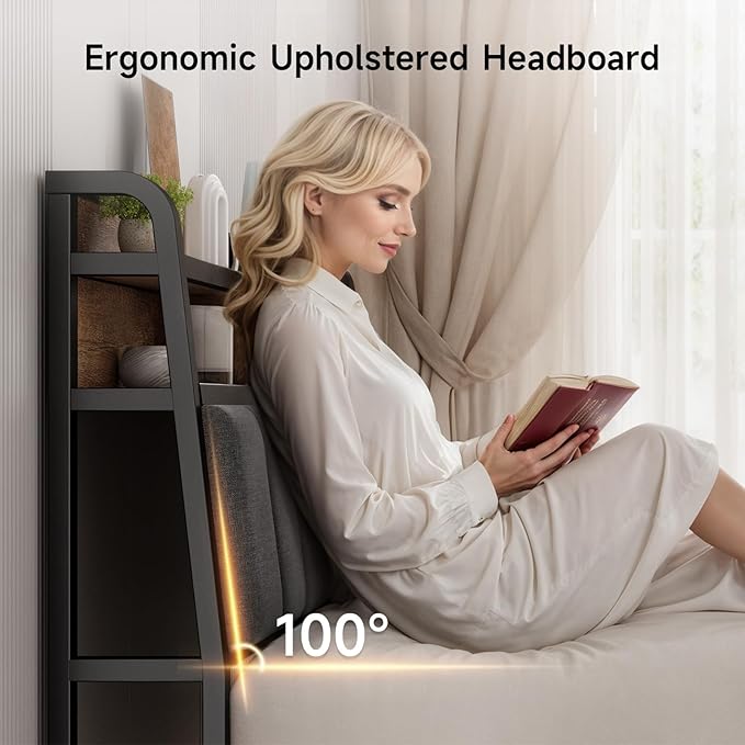 Ergonomic Headboard for Queen Size Bed with 2-Tier Storage, Upholstered Headboards with Outlets, USB Ports, LED Light, Queen Head Board Only, Height Adjustable, Sturdy and Stable, Black & Brown