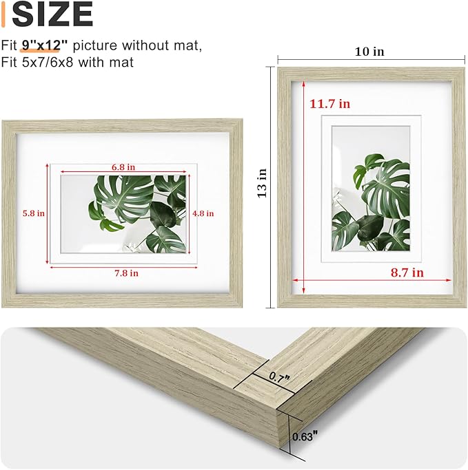Egofine 9x12 Picture Frame Made of Solid Wood Covered by Plexiglass, Wood Frame for Pictures 5x7/6x8 with Mat or 9x12 without Mat, Tabletop and Wall Mounting Display, Distressed Wood Grain