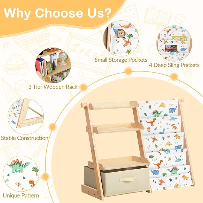 Kids Bookshelf and Toy Storage Organizer Wooden 2 in 1 Toddler Bookcase-4 Tier Book Shelf with Toy Box for Kids Room,Nursery,Playroom