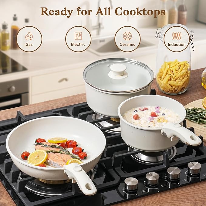 15Pcs Pots and Pans Set Non Stick, Cookware Sets with Detachable Handle, Nonstick RV Kitchen Cooking Tools Removable Handles, Oven Safe, Induction Fast, Stackable Induction Cookware, White