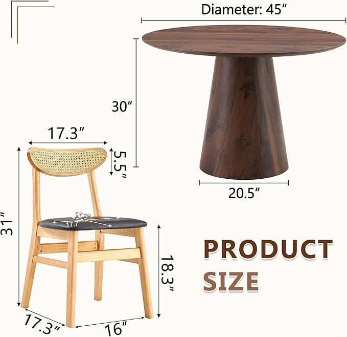 45 Inch Round Dining Table Set for 6, 7 Piece Kitchen Table and Chairs Set, Wooden Table with Walnut Finish, Small Space Dining Set for Apartment or Dining Room