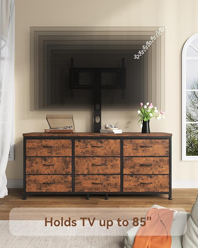 TV Stand with Mount for 32/55/65/75/85 inch TVs, Entertainment Center with 9 Fabric Drawers Dresser Storage, Height Adjustable Media Console