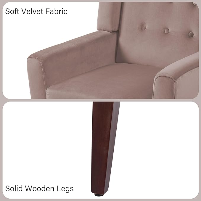 Accent Chair, Modern Velvet Arm Chair for Living Room, Bedroom, Comfy High-Resilient Sponge Reading Chair for Small Spaces （Velvet Silk Pink, Set of 1
