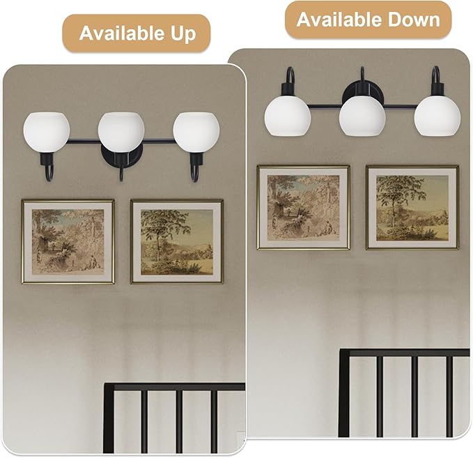 3-Light Bathroom Vanity Light Fixtures, Black Wall Sconce with Milk White Globe Glass Shade, Vanity Lighting E26 Socket for Mirror Kitchen Living Room Hallway