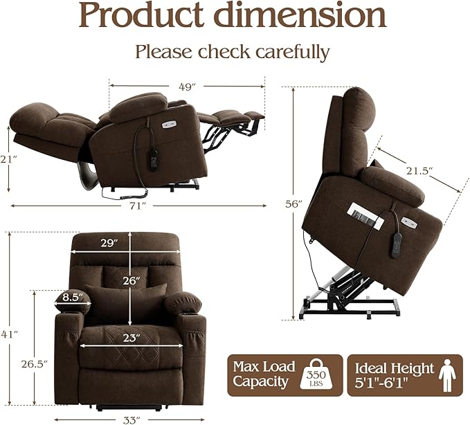 Power Lift Recliner Chair for Elderly with Extended Footrest, Infinite Position Lay Flat Recliner Chair for Adult W/Massage & Heating, Adjustable Headrest, 3-Motor Zero Gravity,Cup Holder, Fabric