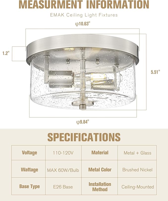 Emak 2-Light Brushed Nickel Ceiling Light Fixture, 11 Inch Flush Mount Light Fixture with Seeded Glass Shade for Bedroom, Living Room, Kitchen, Hallway, Bathroom, FM082-BN