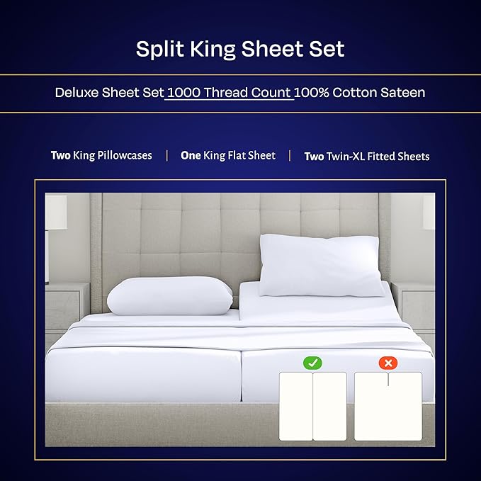 California Design Den Split King Sheets Sets for Adjustable Bed - Luxury 1000 Thread Count Sateen, Thick and Natural 100% Cotton Bed Sheets, Deep Pockets, Soft and Durable Bedding Set - White